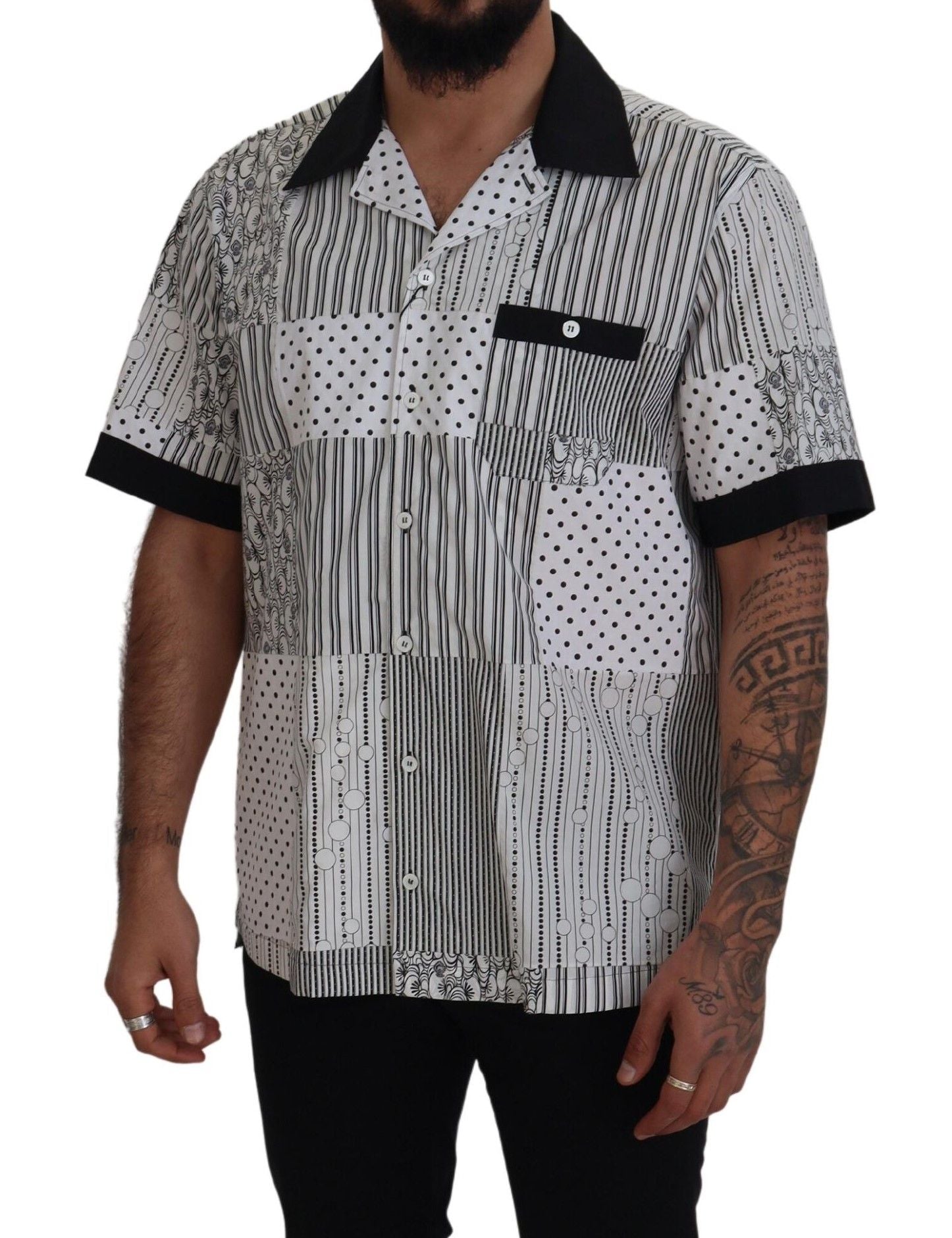 Chemise Homme Boutonnée à Motifs Blanc et Noir en Coton
