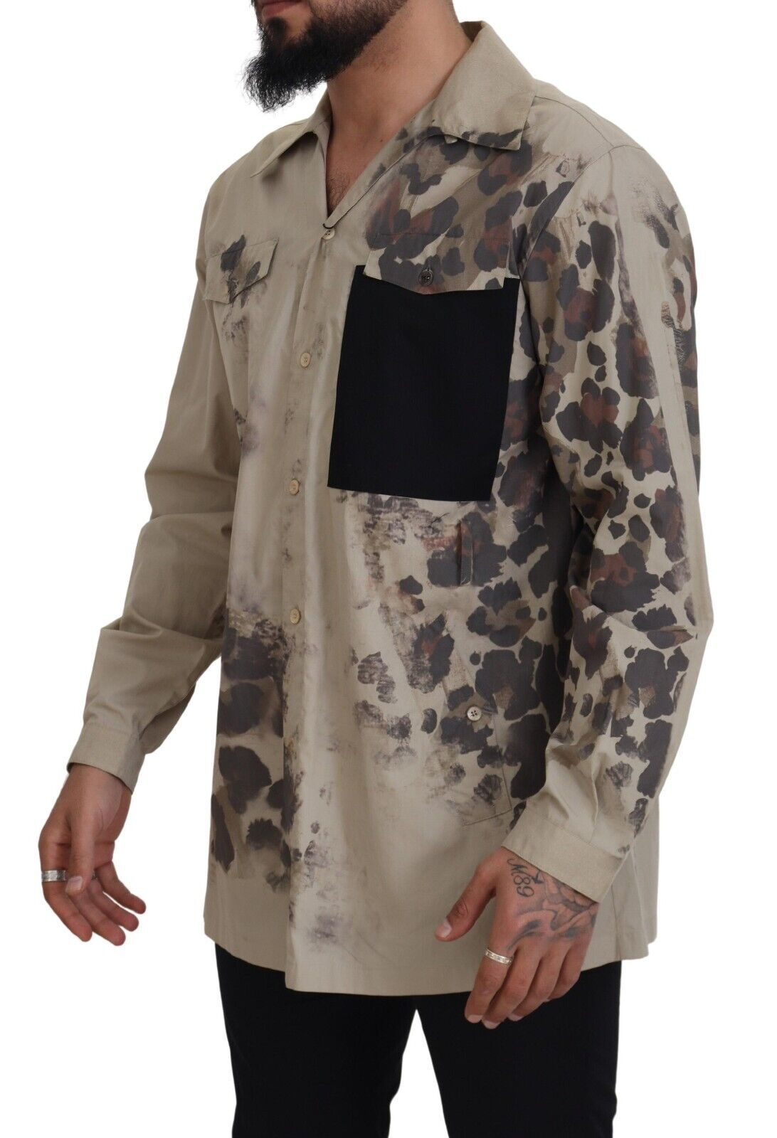 Chemise Casual Homme Beige Camouflage en Coton