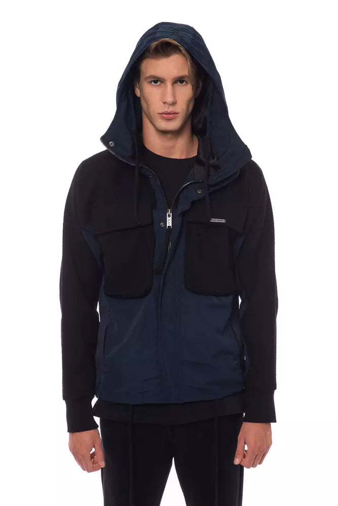 Black Wool Men Jacket with Hood and Pockets