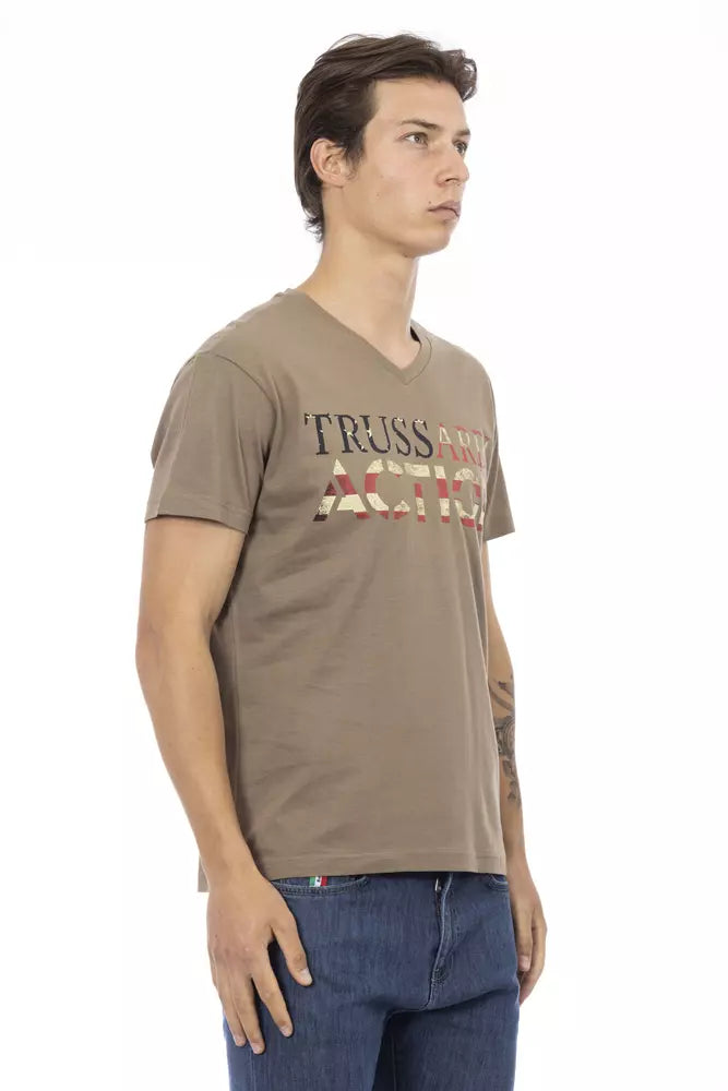 Brown Cotton Men's V-Neck T-Shirt