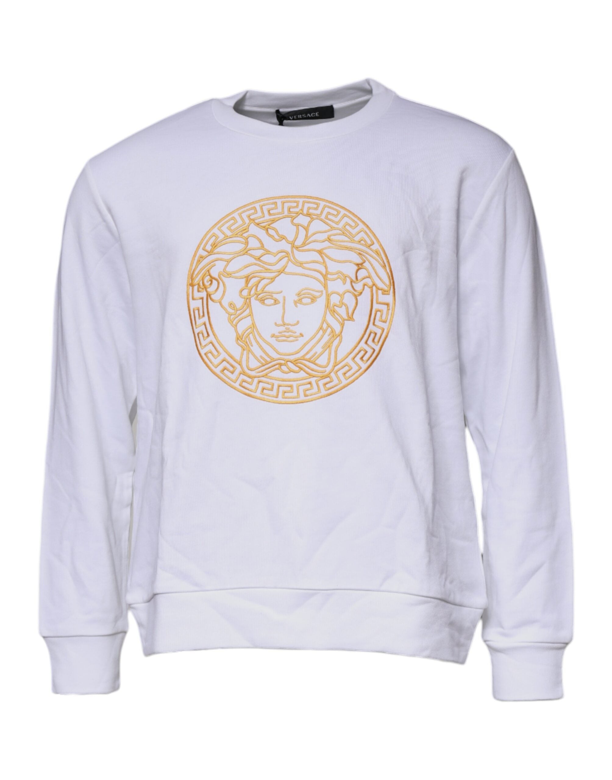 Versace — Pull blanc col rond avec broderie Medusa