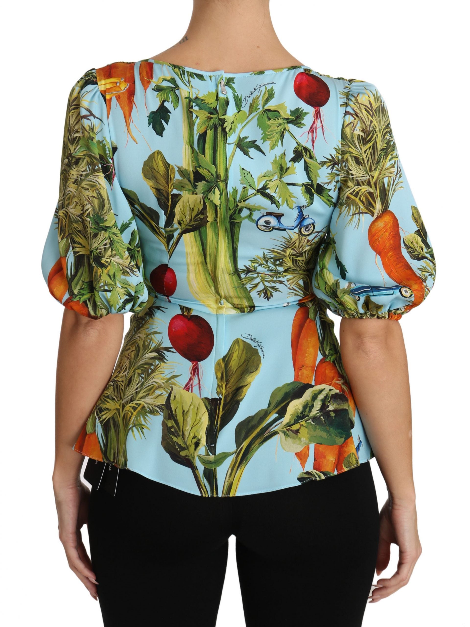 Multicolor Vegetable Print Silk Top Peplum Wrap Blouse